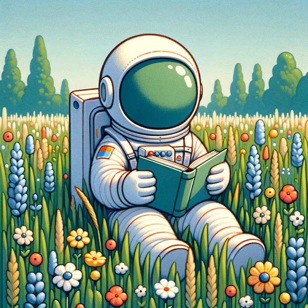 Astronaut reading a book in a field